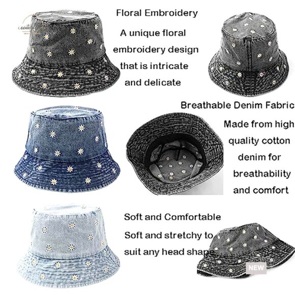 Vintage Denim Bucket Hat with Floral Embroidery and Mini Pocket main image 4
